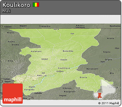 Physical Panoramic Map of Koulikoro, darken, semi-desaturated