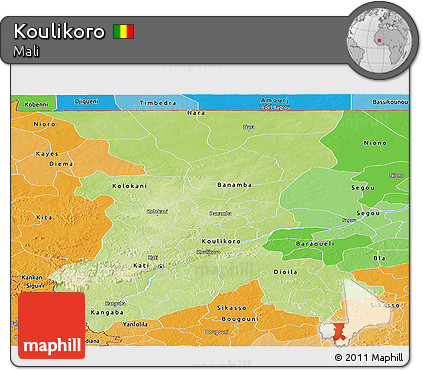 Physical Panoramic Map of Koulikoro, political shades outside