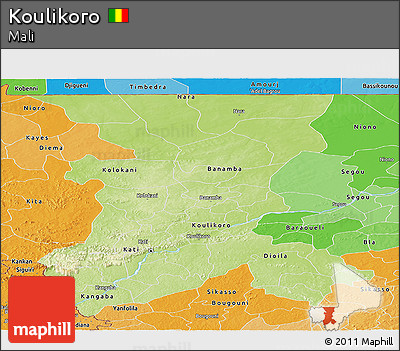 Physical Panoramic Map of Koulikoro, political shades outside