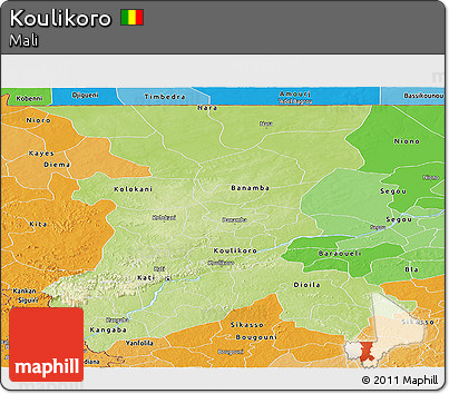 Physical Panoramic Map of Koulikoro, political shades outside