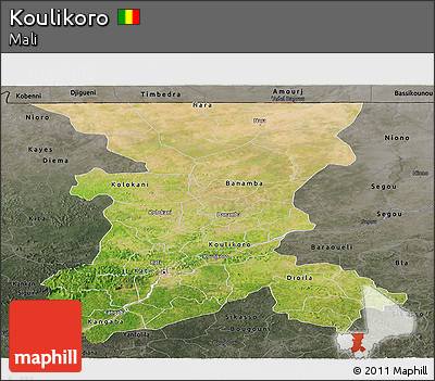 Satellite Panoramic Map of Koulikoro, darken, semi-desaturated