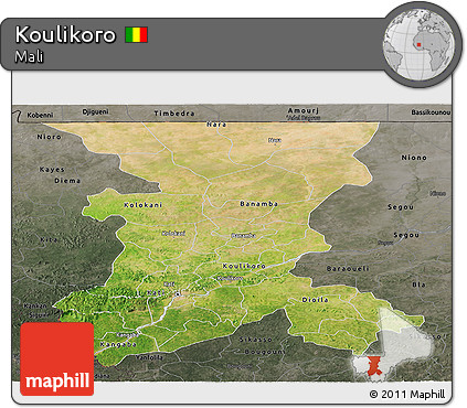 Satellite Panoramic Map of Koulikoro, darken, semi-desaturated