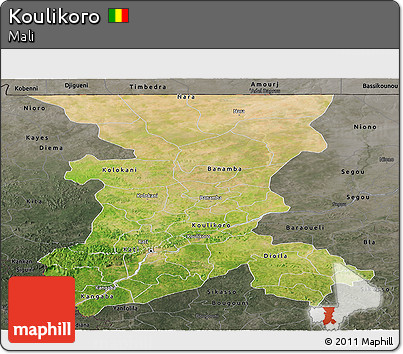 Satellite Panoramic Map of Koulikoro, darken, semi-desaturated