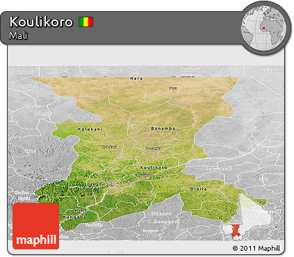 Satellite Panoramic Map of Koulikoro, lighten, desaturated