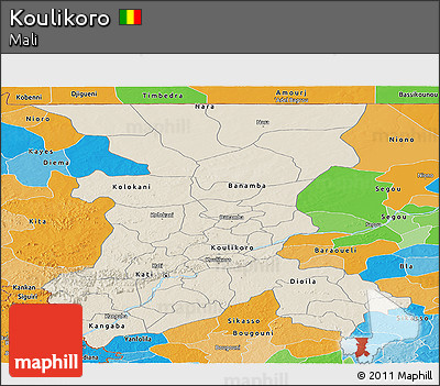 Shaded Relief Panoramic Map of Koulikoro, political outside