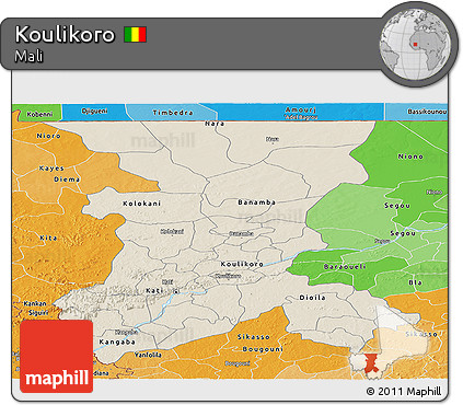 Shaded Relief Panoramic Map of Koulikoro, political shades outside