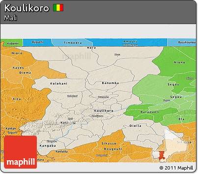 Shaded Relief Panoramic Map of Koulikoro, political shades outside