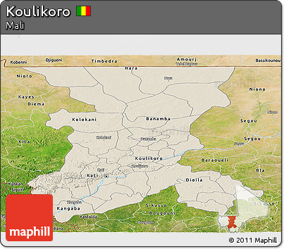 Shaded Relief Panoramic Map of Koulikoro, satellite outside