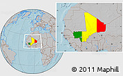 Flag Location Map of Mali, gray outside, hill shading outside