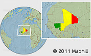 Flag Location Map of Mali, savanna style outside, hill shading outside