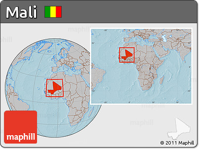 Gray Location Map of Mali, within the entire continent, hill shading