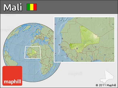 Physical Location Map of Mali, savanna style outside, hill shading