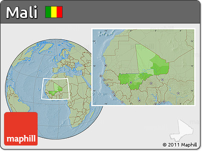 Political Location Map of Mali, savanna style outside, hill shading