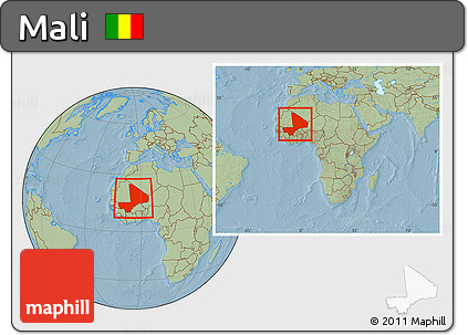 Savanna Style Location Map of Mali, within the entire continent, hill shading