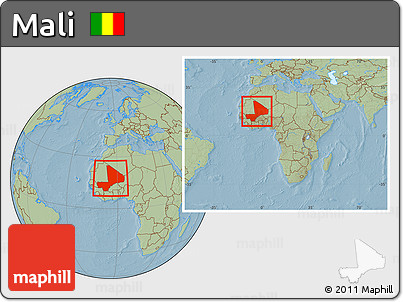 Savanna Style Location Map of Mali, within the entire continent, hill shading