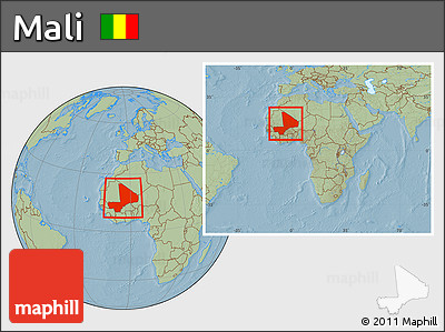 Savanna Style Location Map of Mali, within the entire continent, hill shading
