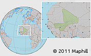 Savanna Style Location Map of Mali, gray outside, hill shading inside