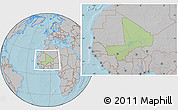 Savanna Style Location Map of Mali, gray outside, hill shading outside