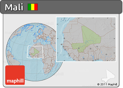 Savanna Style Location Map of Mali, gray outside, hill shading