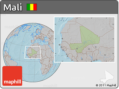 Savanna Style Location Map of Mali, gray outside, hill shading
