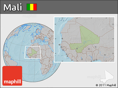 Savanna Style Location Map of Mali, gray outside, hill shading
