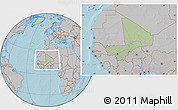 Savanna Style Location Map of Mali, gray outside, hill shading