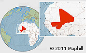 Savanna Style Location Map of Mali, highlighted continent, hill shading