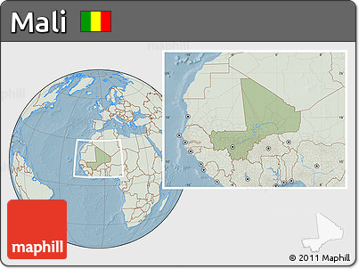 Savanna Style Location Map of Mali, lighten, land only, hill shading