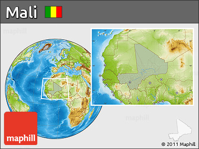 Savanna Style Location Map of Mali, physical outside, hill shading