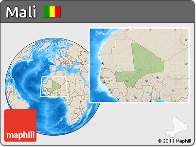 Savanna Style Location Map of Mali, shaded relief outside