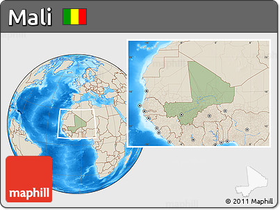 Savanna Style Location Map of Mali, shaded relief outside, hill shading