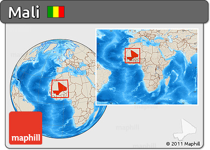 Shaded Relief Location Map of Mali, within the entire continent