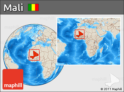 Shaded Relief Location Map of Mali, within the entire continent