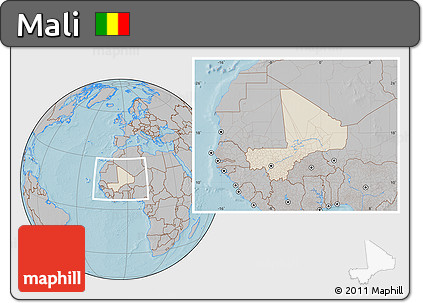 Shaded Relief Location Map of Mali, gray outside, hill shading