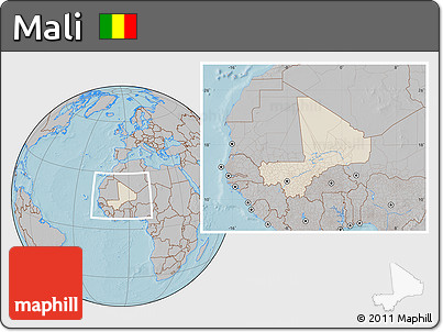 Shaded Relief Location Map of Mali, gray outside, hill shading