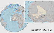 Shaded Relief Location Map of Mali, gray outside, hill shading