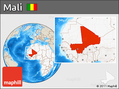 Shaded Relief Location Map of Mali, highlighted continent
