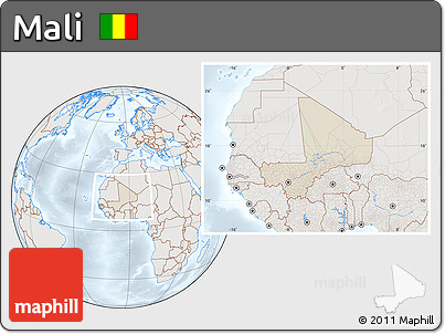 Shaded Relief Location Map of Mali, lighten, semi-desaturated