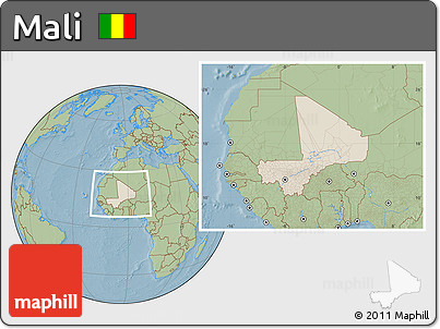 Shaded Relief Location Map of Mali, savanna style outside, hill shading
