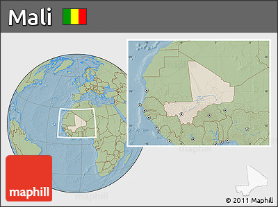 Shaded Relief Location Map of Mali, savanna style outside, hill shading