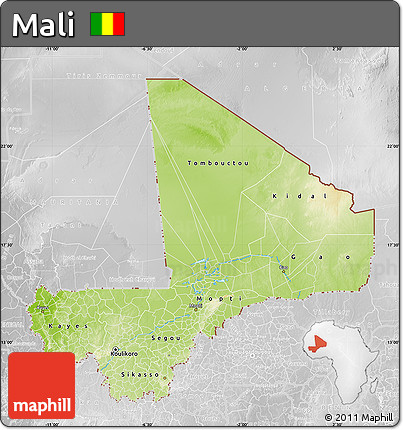 Physical Map of Mali, lighten, desaturated