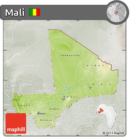 Physical Map of Mali, lighten, semi-desaturated