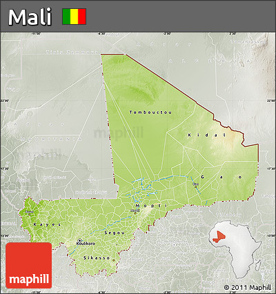 Physical Map of Mali, lighten, semi-desaturated