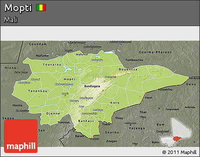 Physical 3D Map of Mopti, darken, semi-desaturated
