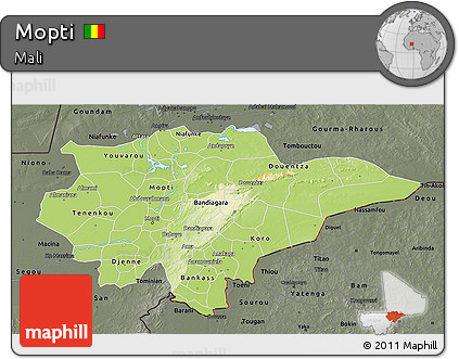 Physical 3D Map of Mopti, darken, semi-desaturated