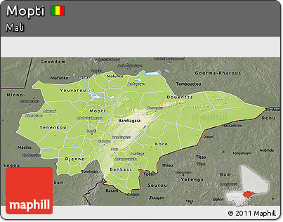 Physical 3D Map of Mopti, darken, semi-desaturated