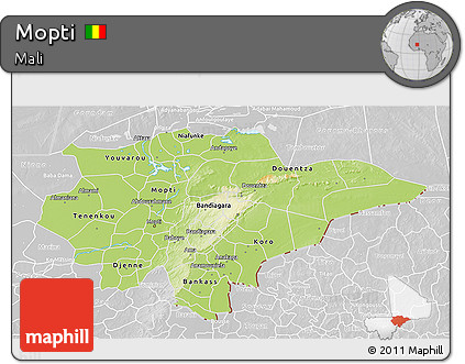 Physical 3D Map of Mopti, lighten, desaturated