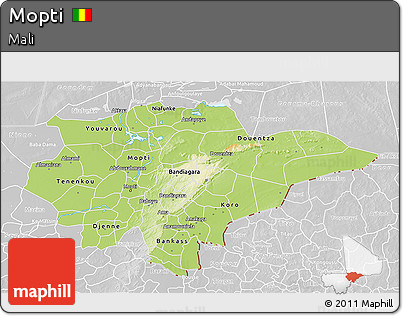 Physical 3D Map of Mopti, lighten, desaturated