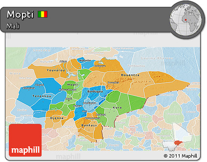 Political 3D Map of Mopti, lighten