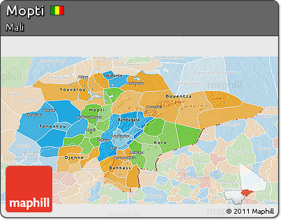 Political 3D Map of Mopti, lighten